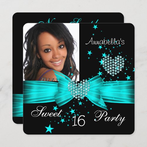Teal Blue Sweet 16 Birthday Party Diamond Photo Invitation