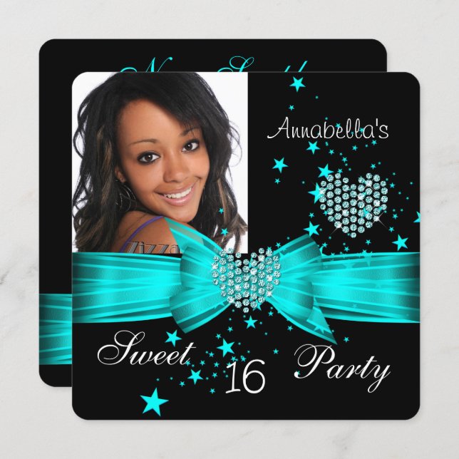 Teal Blue Sweet 16 Birthday Party Diamond Photo Invitation (Front/Back)