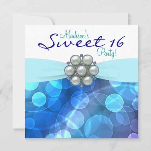 Teal Blue Sweet 16 Birthday Party Custom Invitation
