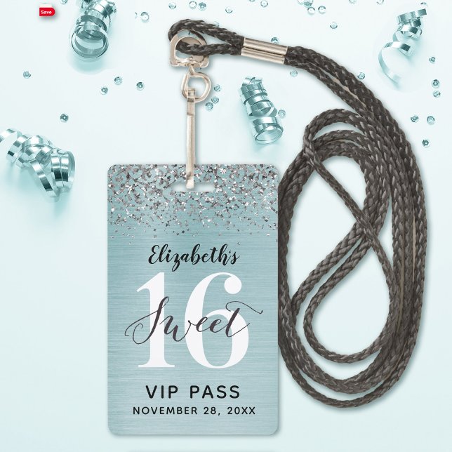 Teal Blue Sweet 16 Birthday VIP Badge (A cute blue sweet sixteen lanyard birthday party invitation with silver glitter.)