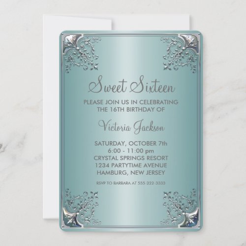 Teal Blue Sweet Sixteen Birthday Party Custom Invite