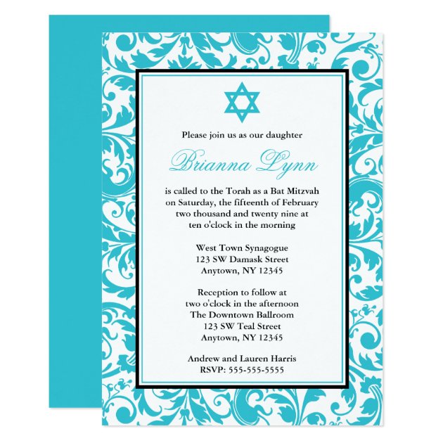 Teal Blue Swirl Damask Bat Mitzvah Invitations