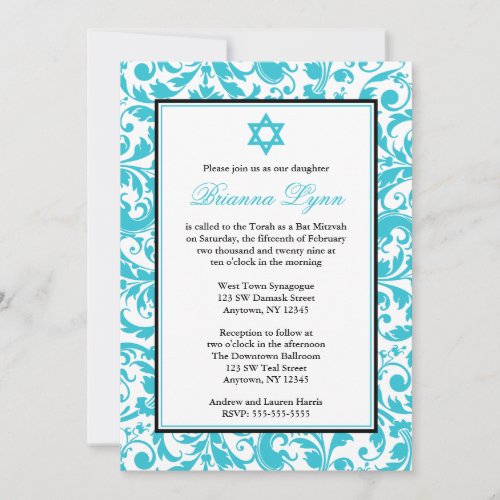 Teal Blue Swirl Damask Bat Mitzvah Invitations