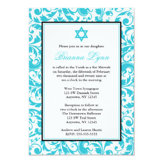 Teal Blue Swirl Damask Bat Mitzvah Invitations