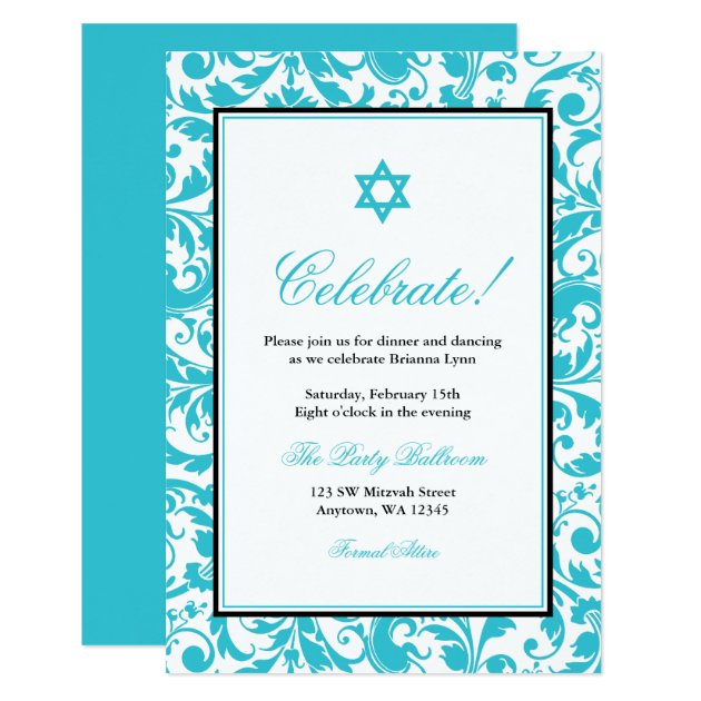 Teal Blue Swirl Damask Bat Mitzvah Reception Card