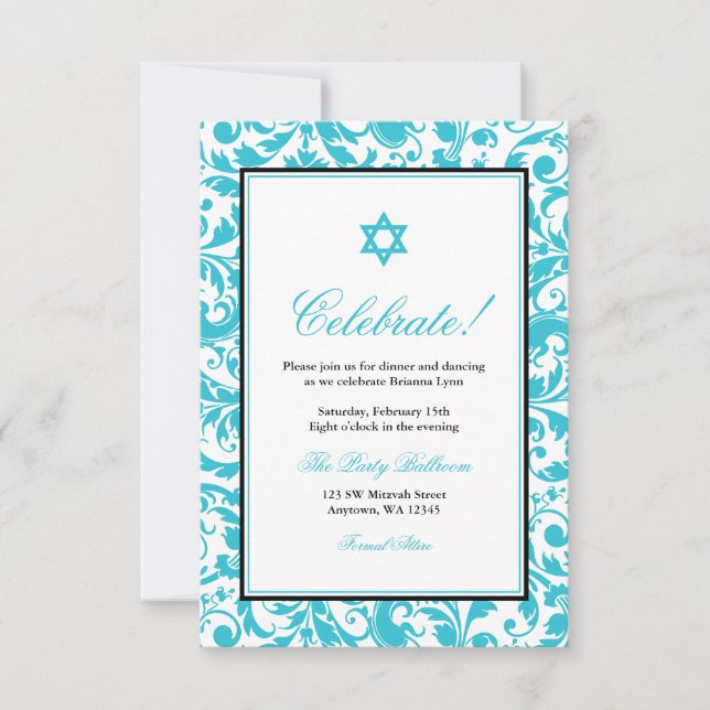 Teal Blue Swirl Damask Bat Mitzvah Reception Invitation (Front)