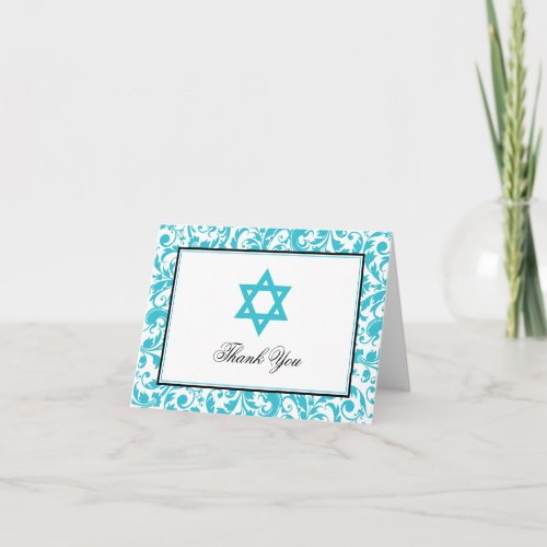 Teal Blue Swirl Damask Star of David Thank You