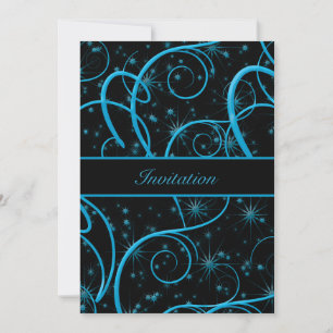 Teal Blue Swirls Black Birthday Party Invitation