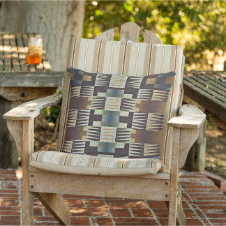 Teal Blue Tan Taupe Beige Dark Brown Tribal Art Outdoor Pillow