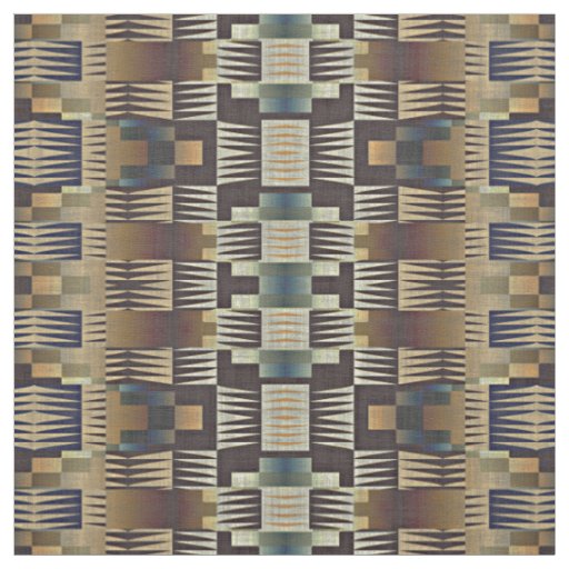 Teal Blue Tan Taupe Brown Native Tribal Mosaic Art Fabric