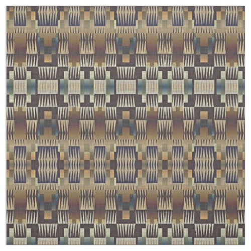 Teal Blue Tan Taupe Brown Native Tribal Mosaic Art Fabric