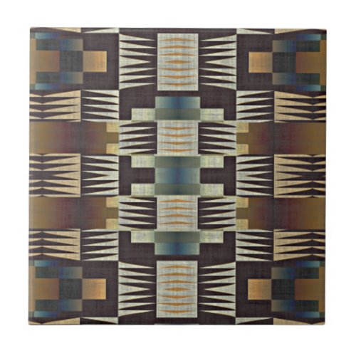 Teal Blue Tan Taupe Dark Brown Ethnic Tribe Art Ceramic Tile