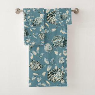 Teal Blue Tansy Modern Vintage Floral Toile Bath Towel Set