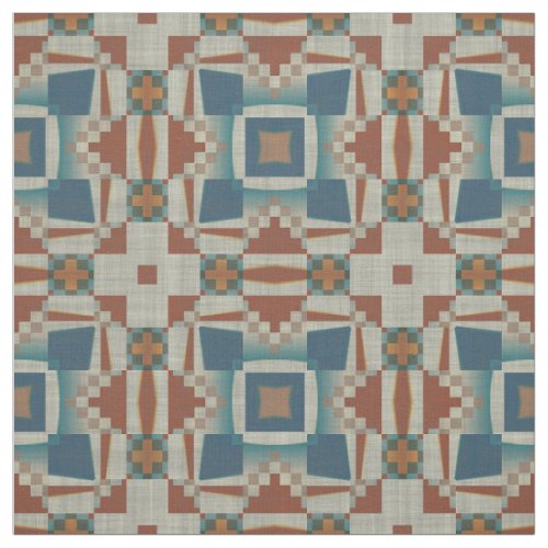 Teal Blue Taupe Burnt Orange Brown Ethnic Look Fabric