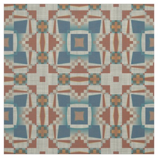 Teal Blue Taupe Burnt Orange Brown Ethnic Look Fabric