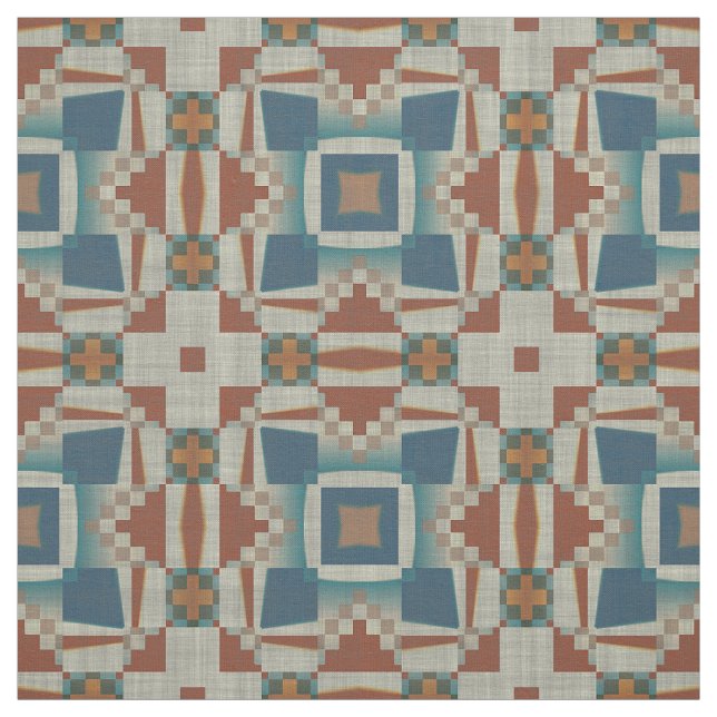 Teal Blue Taupe Burnt Orange Brown Ethnic Look Fabric (Swatch)