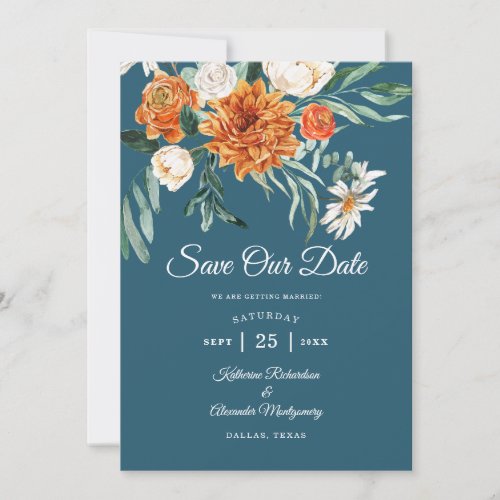 Teal Blue Terracotta Autumn Floral Photo Wedding  Save The Date