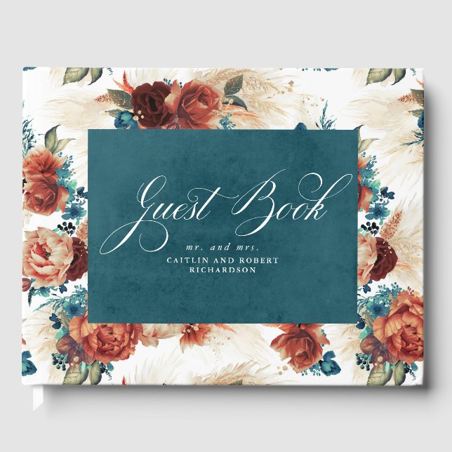 Teal Blue Terracotta Boho Floral Wedding Guest Book (Front)