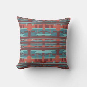 Teal Blue Terracotta Burgundy Tiled Southwest Look Throw Pillow