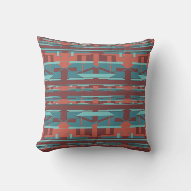 Teal Blue Terracotta Burgundy Tiled Southwest Look Throw Pillow (Front)