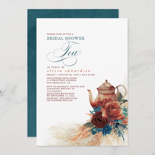 Teal Blue Terracotta Floral Bridal Shower Tea Invitation