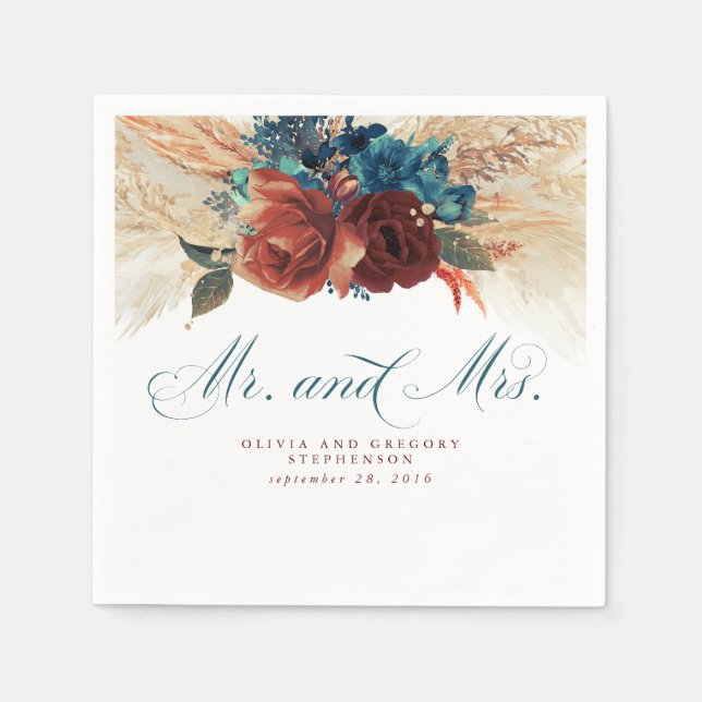 Teal Blue Terracotta Floral Pampas Grass Wedding Napkins (Front)