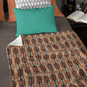 Teal Blue Terracotta Orange Red Brown Tribal Art Fleece Blanket