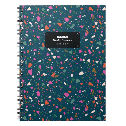 Teal Blue Terrazzo Notebook with Name and Subject