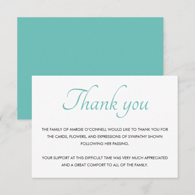 Teal Blue Thank You Funeral Memorial Service  Card (Front/Back)