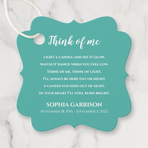 Teal Blue Think Of Me Celebration of Life Candle Favor Tags