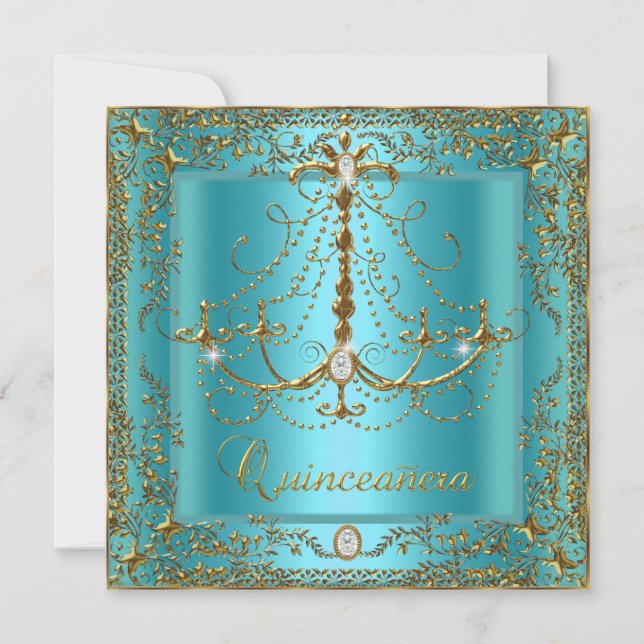 Teal Blue Tiara Gold Quinceanera 15th Birthday Invitation (Front)