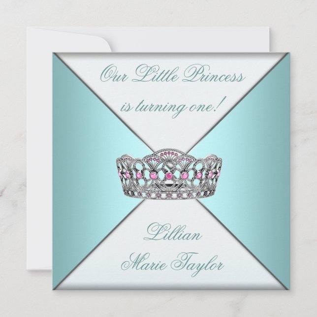 Teal Blue Tiara Princess First Birthday Party Invitation (Front)