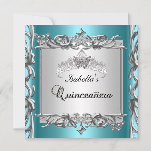 Teal Blue Tiara Quinceanera 15th Birthday Personalized Invite