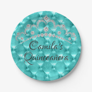 Teal Blue Tiara Quinceañera Celebration Paper Plates