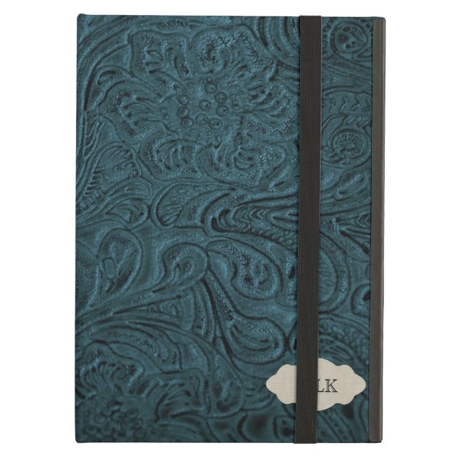 Teal Blue Tooled Leather Look Personalized iPad Air Case (Front Closed)