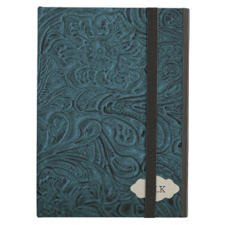 Teal Blue Tooled Leather Look Personalized iPad Air Covers