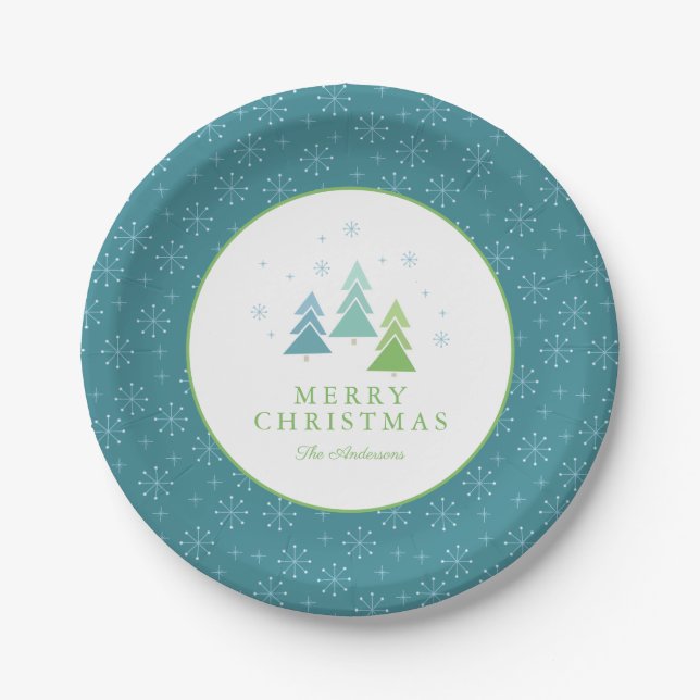 Teal & Blue Trees Snowflakes Christmas Party Paper Plates (Front)