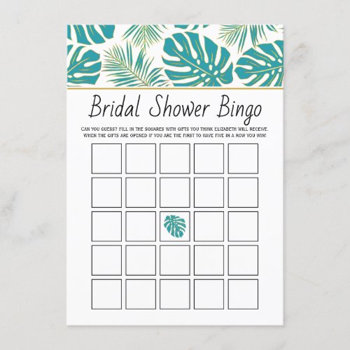 Teal blue tropical leaves bridal bingo game card