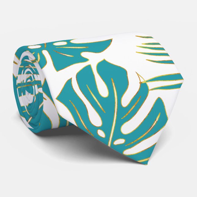 Teal blue tropical monstera and palm leaves neck tie (Rolled)