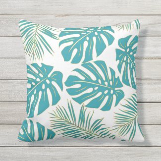 Teal blue tropical monstera leaves pattern outdoor pillow