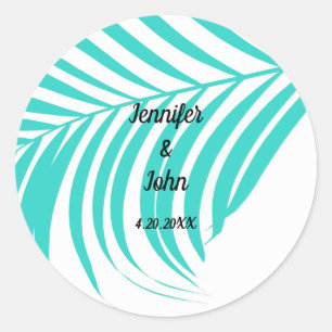 Teal Blue Tropical Palm Tree Leaf Nautical Wedding Classic Round Sticker
