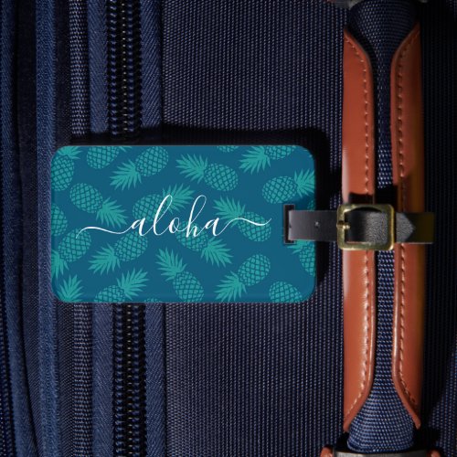 Teal Blue Tropical Pineapple Pattern Aloha Script  Luggage Tag