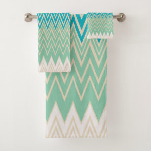 Teal Blue, turquoise and Green Zigzags   Bath Towel Set