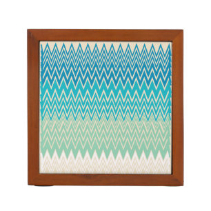Teal Blue, turquoise and Green Zigzags Desk Organizer