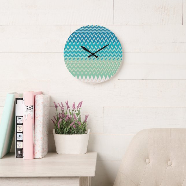 Teal Blue, turquoise and Green Zigzags   Large Clock (Reading Room)