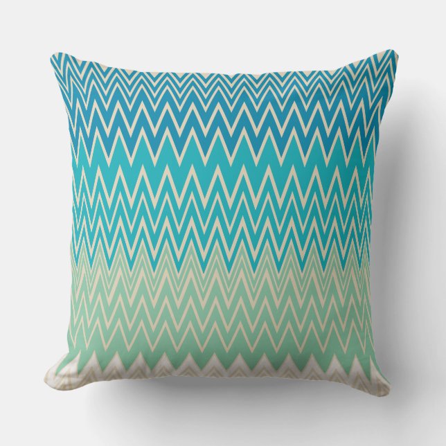 Teal Blue, turquoise and Green Zigzags Throw Pillow (Front)