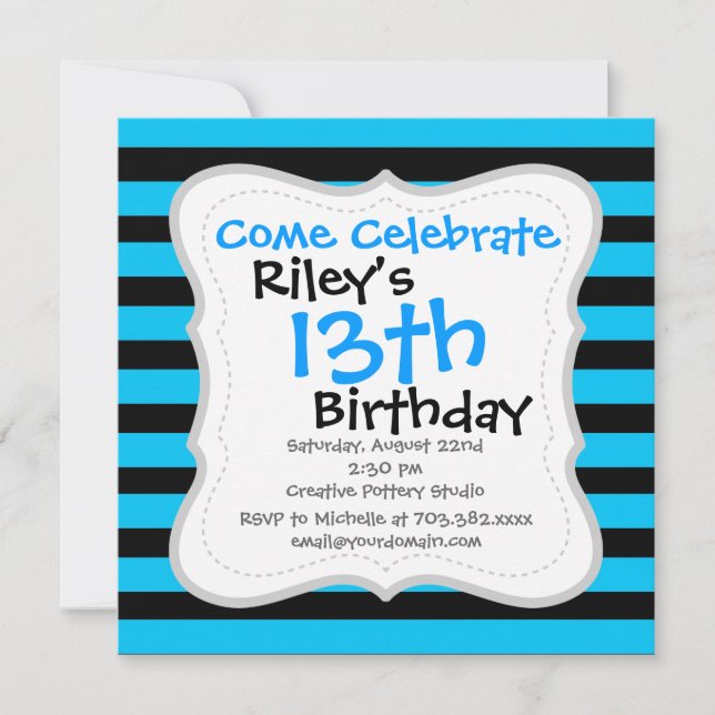Teal Blue Turquoise and White Stripes Pattern Invitation (Front)