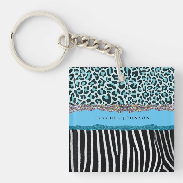 Teal Blue Turquoise Girly Modern Glam Retro Keychain (Front)