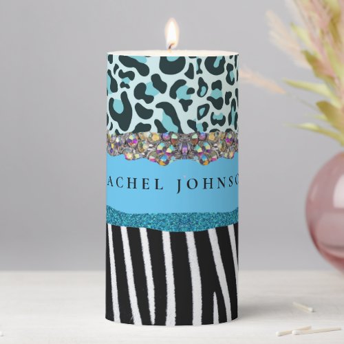 Teal Blue Turquoise Girly Modern Glam Retro  Pillar Candle