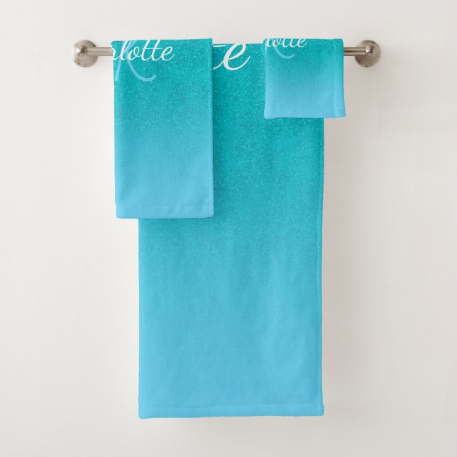 Teal blue Turquoise glitter aqua monogram initials Bath Towel Set (Insitu)